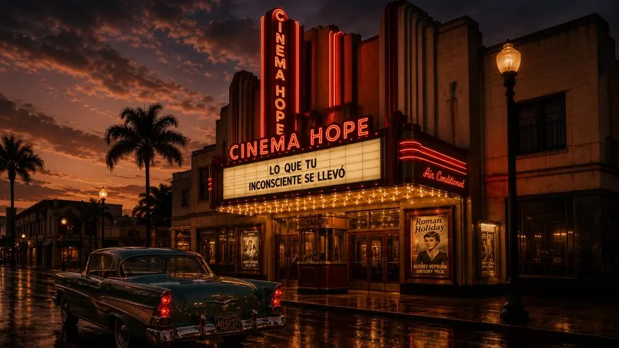 Cinema Hope, marquesina al atardecer